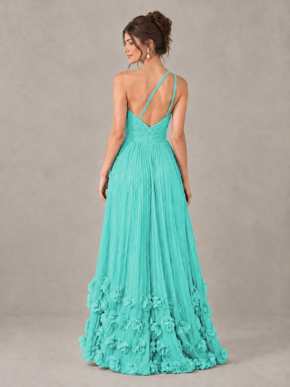 BOLODOO Turquoise One-Shoulder Pleated Bridesmaid Dress with 3D Floral Hem - Turquoise - Turquoise_2