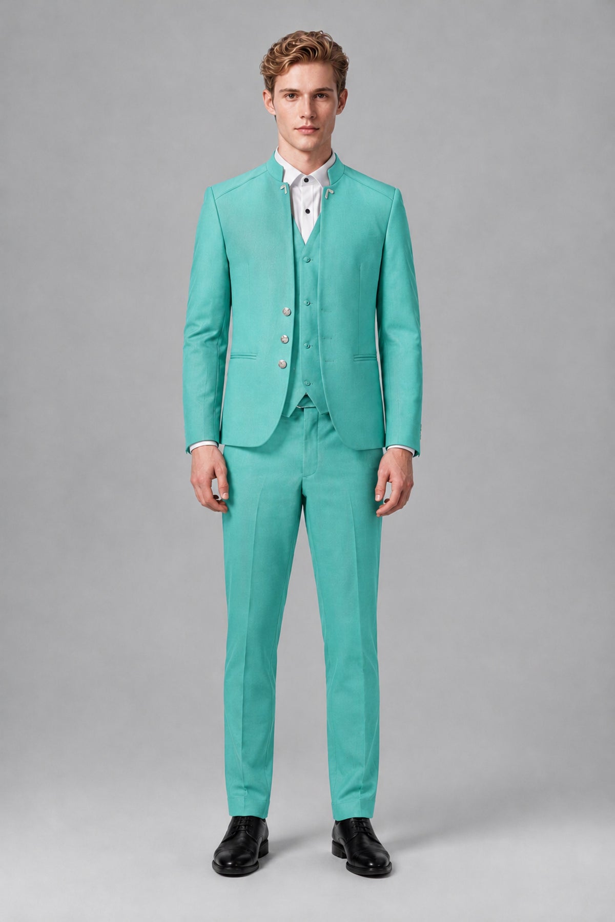 Bolodoo Men's Turquoise Mandarin Collar 3-Piece Suit – Jacket, Vest & Trousers - Turquoise - Turquoise_2