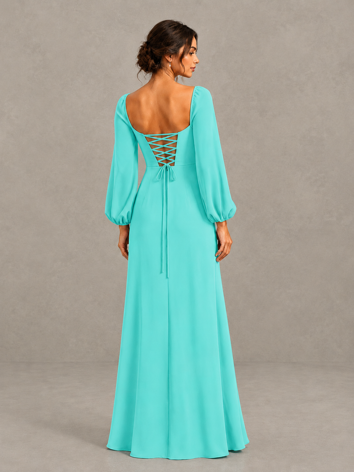 BOLODOO Turquoise Square Neck Long Sleeve Bridesmaid Dress with High Slit - Turquoise - Turquoise_2