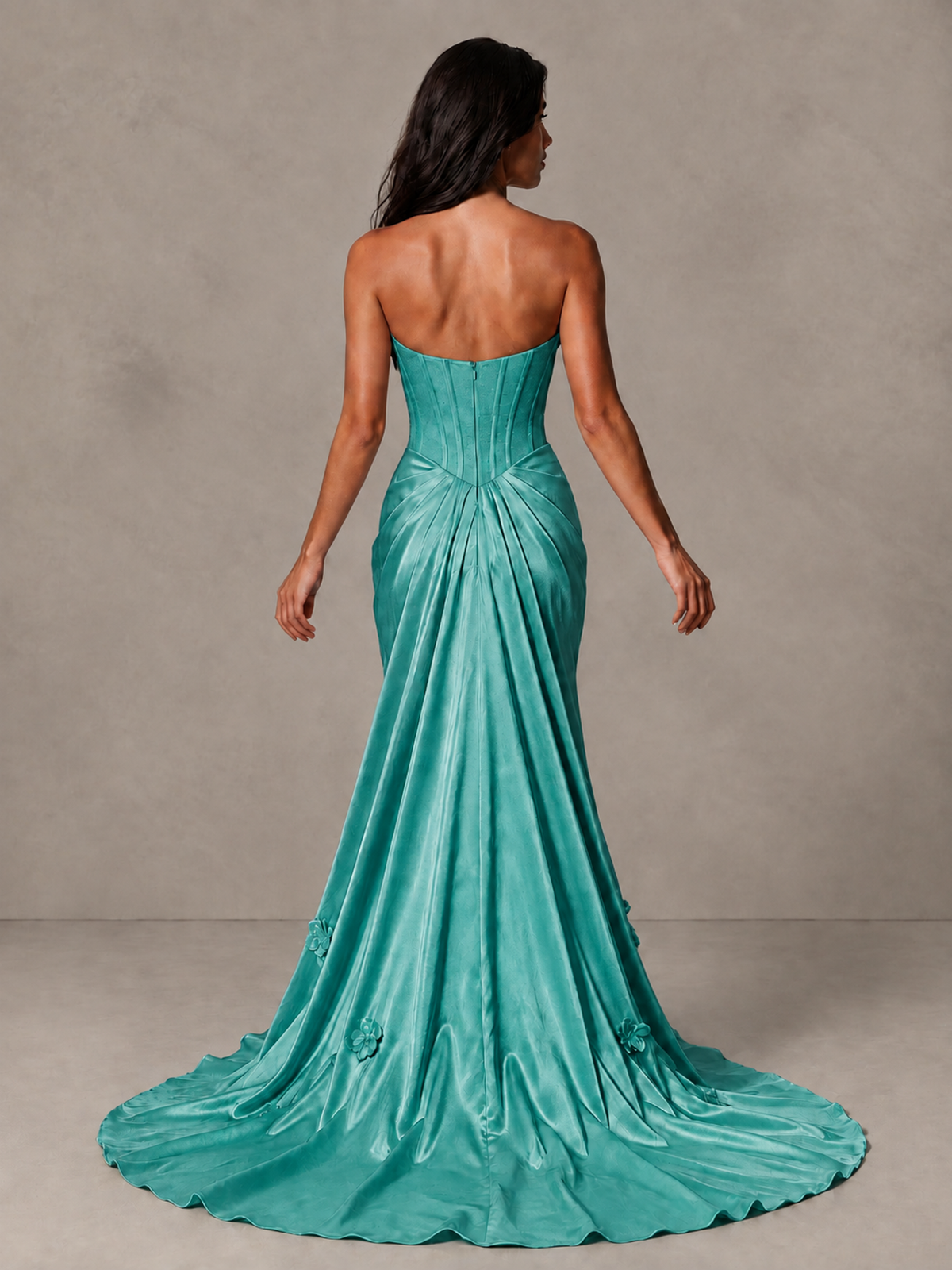 BOLODOO Turquoise Strapless Floral Corset Evening Gown with Train - Turquoise - Turquoise_2