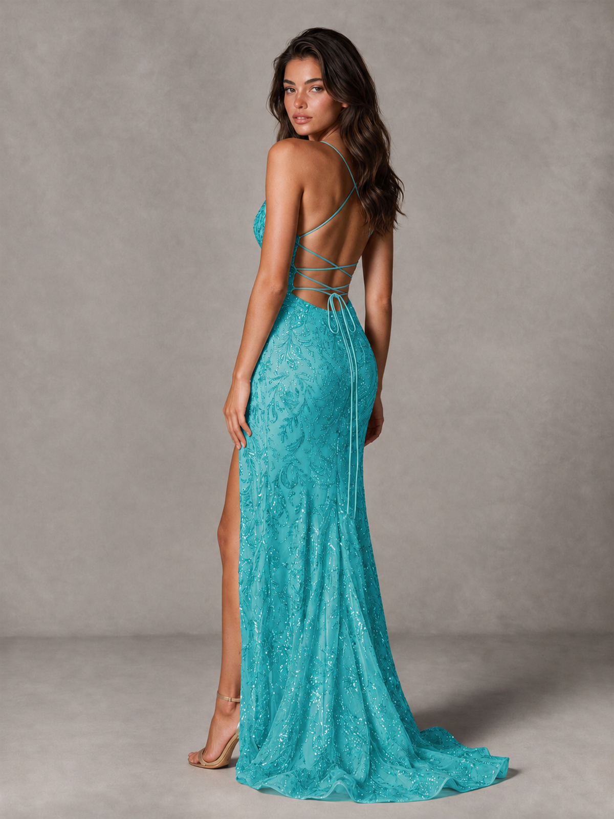 BOLODOO Turquoise Sequin Prom Dress with Lace-Up Back and High Slit - Turquoise - Turquoise_2