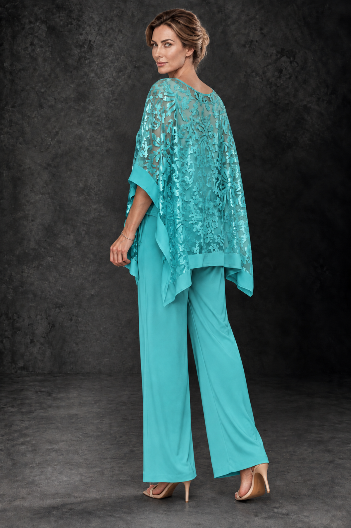 BOLODOO Turquoise Floral Cape Mother of the Bride Pant Suit - Turquoise - Turquoise_2