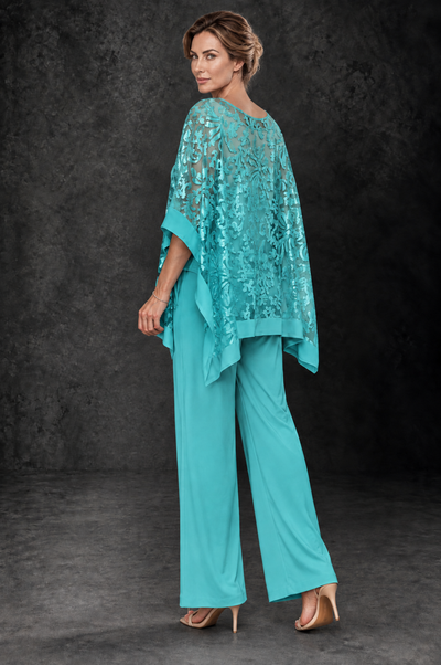 BOLODOO Turquoise Floral Cape Mother of the Bride Pant Suit - Turquoise - Turquoise_2