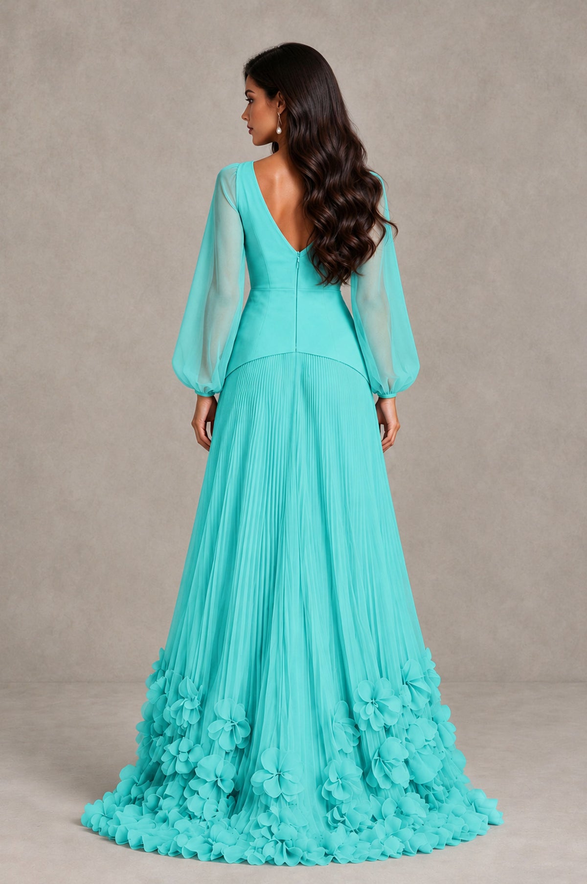 BOLODOO Turquoise V-Neck Long Sleeve Pleated Floral Hem Evening Dress - Turquoise - Turquoise_2