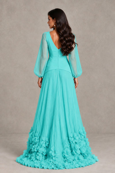 BOLODOO Turquoise V-Neck Long Sleeve Pleated Floral Hem Evening Dress - Turquoise - Turquoise_2