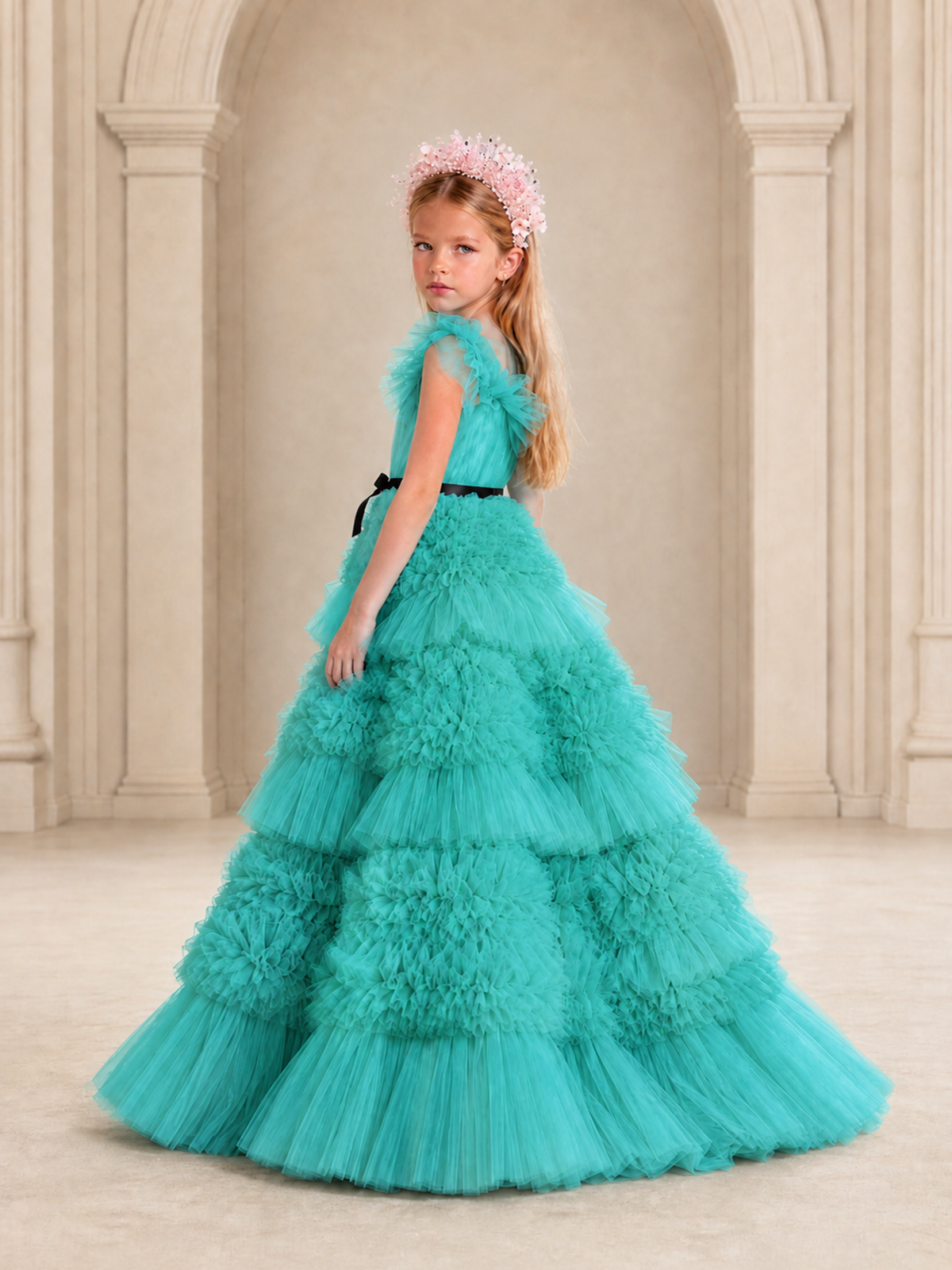 BOLODOO Turquoise Tiered Tulle Flower Girl Dress with Floral Appliques - Turquoise - Turquoise_2