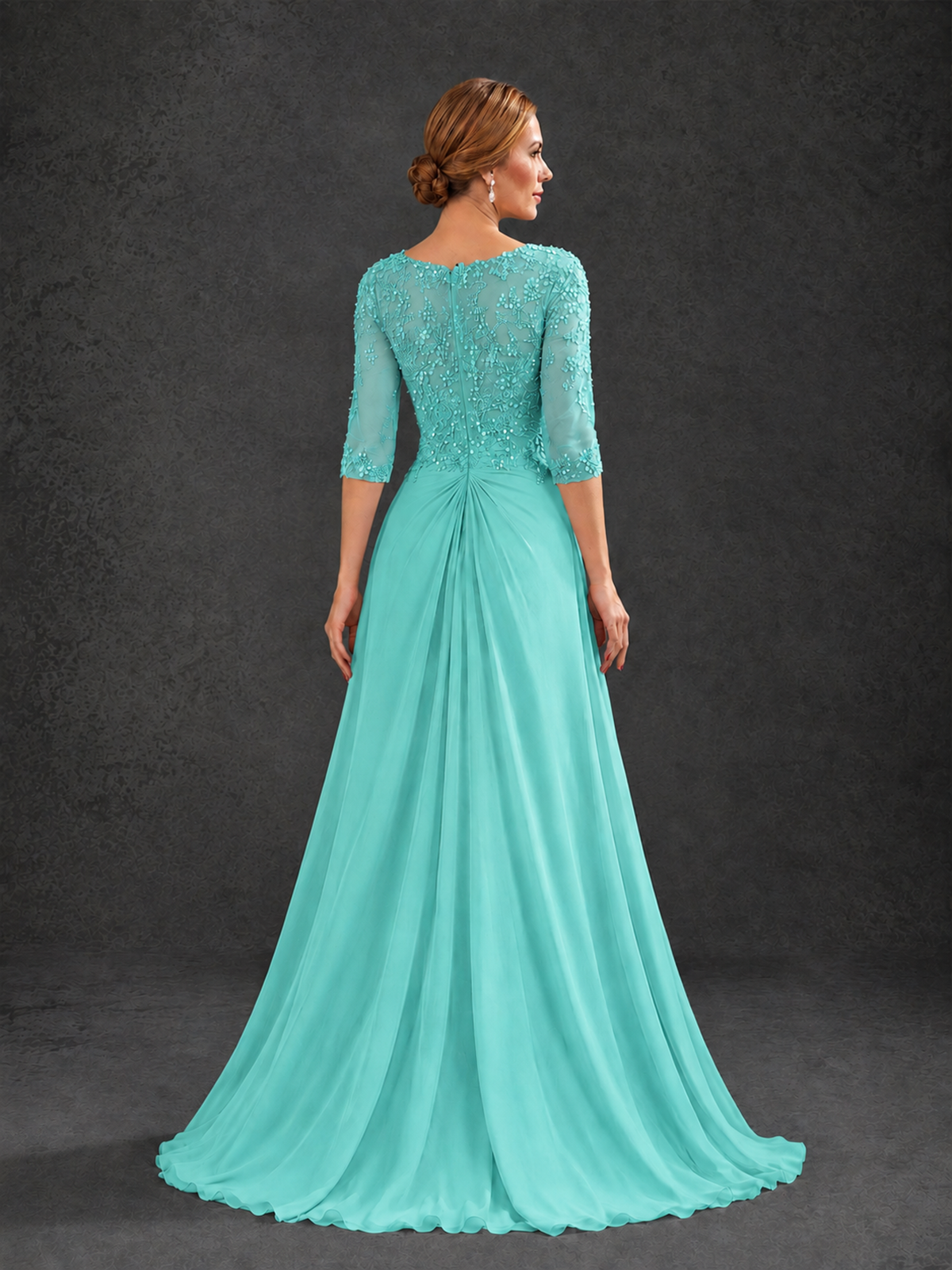 BOLODOO Turquoise Sweetheart Neck 3/4 Sleeve Floral Lace Illusion Bodice Chiffon A-Line Gown - Turquoise - Turquoise_2