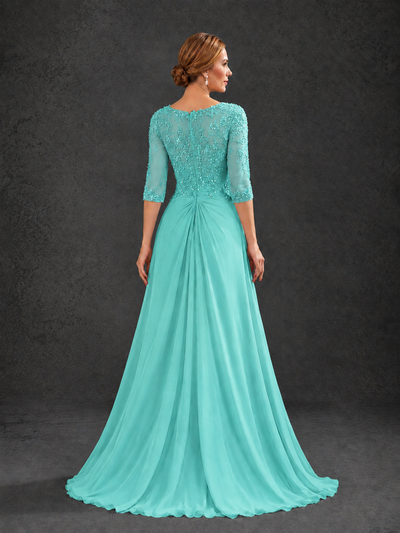 BOLODOO Turquoise Sweetheart Neck 3/4 Sleeve Floral Lace Illusion Bodice Chiffon A-Line Gown - Turquoise - Turquoise_2