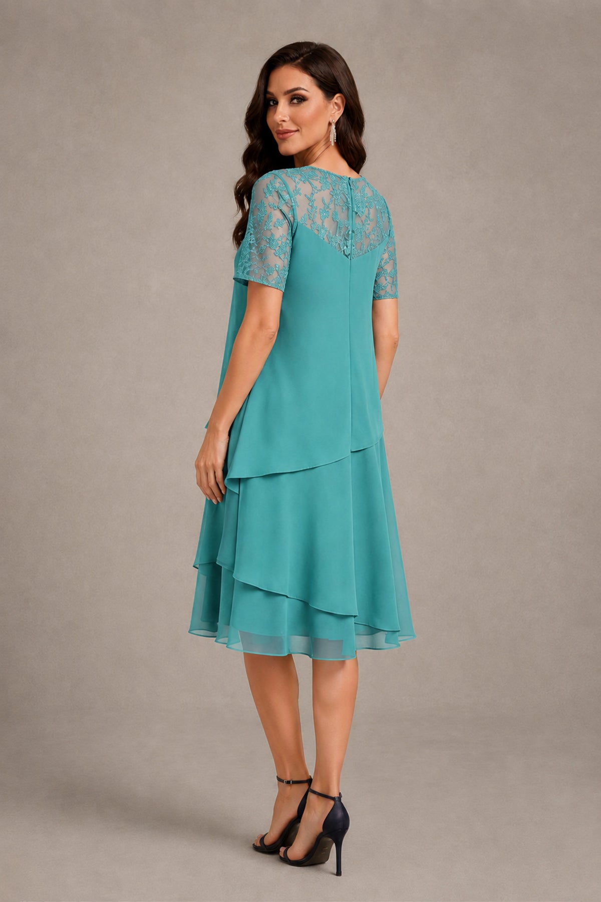 BOLODOO Turquoise Illusion Lace Short Sleeve Tiered Chiffon Tea Length Dress | Mother of the Bride Midi Dress - Turquoise