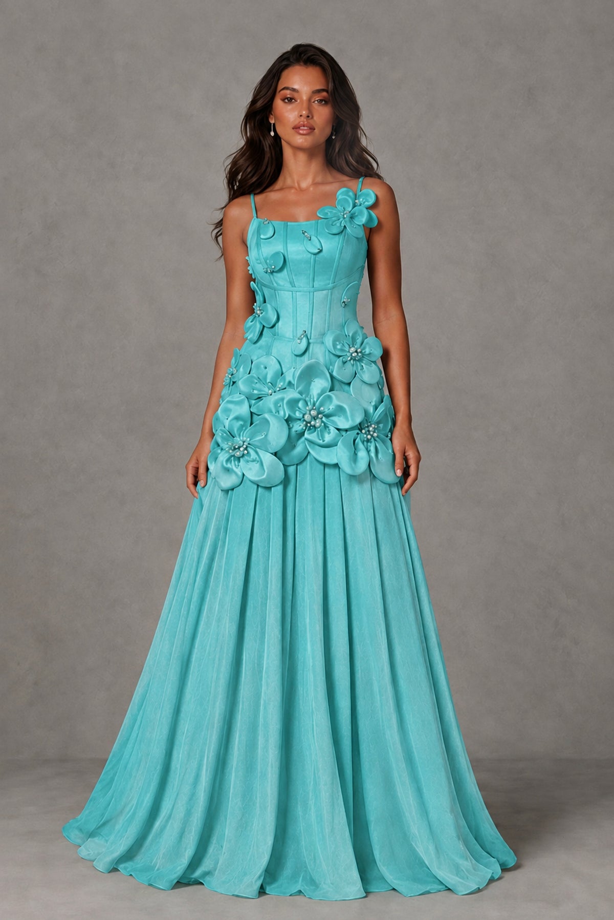 BOLODOO Turquoise 3D Floral Appliqué Floor-Length A-Line Evening Gown - Turquoise