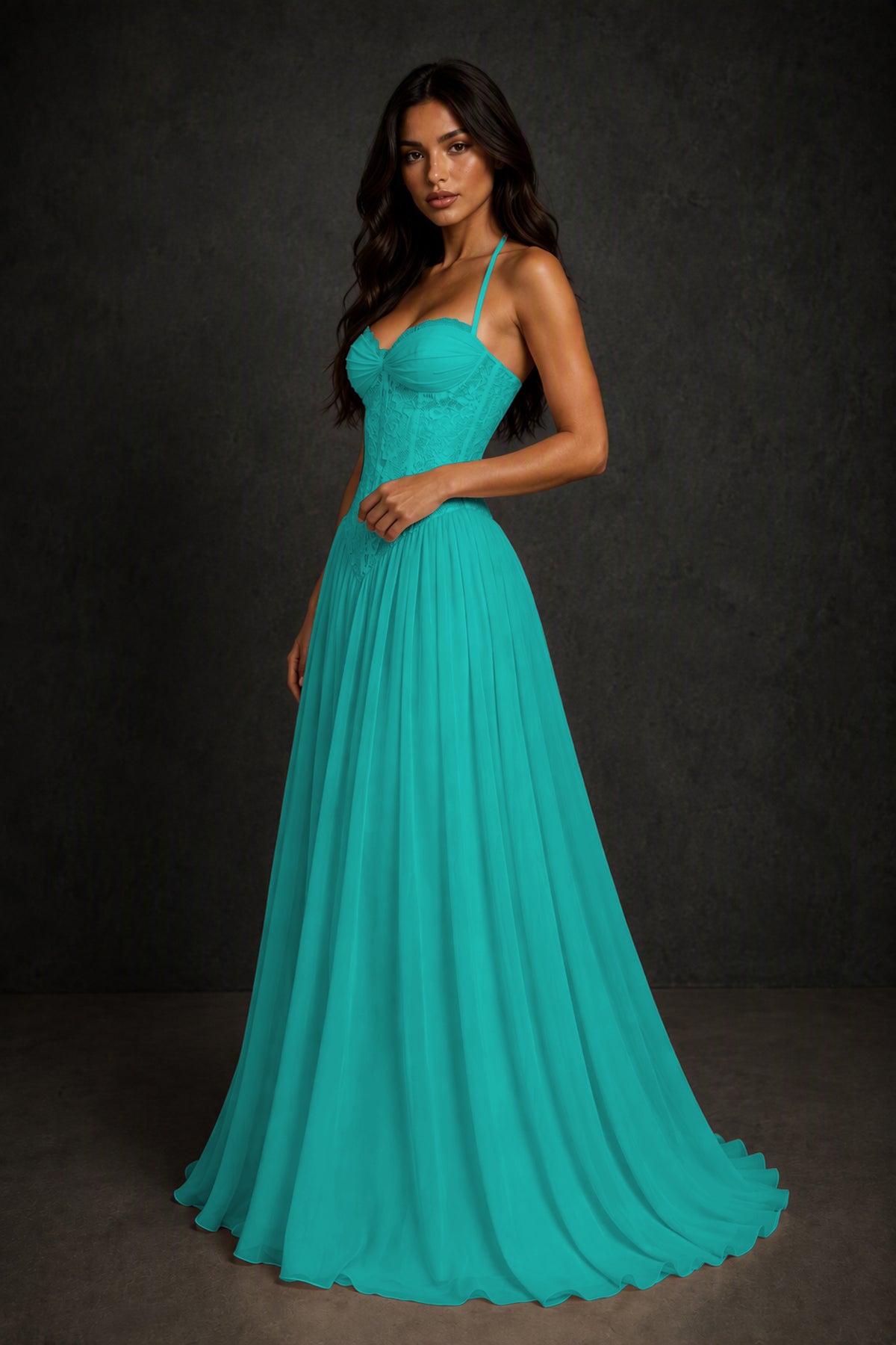 BOLODOO Turquoise Lace Corset Halter Maxi Gown – Backless A-Line Formal Dress - Turquoise