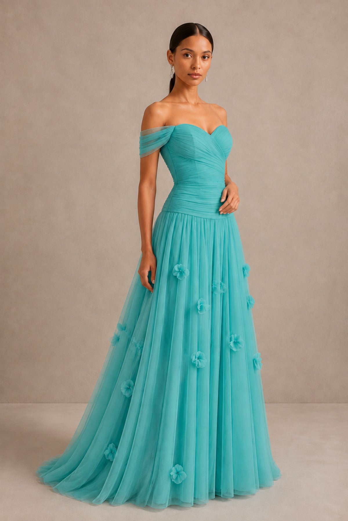 Turquoise Off-Shoulder Sweetheart A-Line Tulle Gown with 3D Floral Appliques | BOLODOO - Turquoise