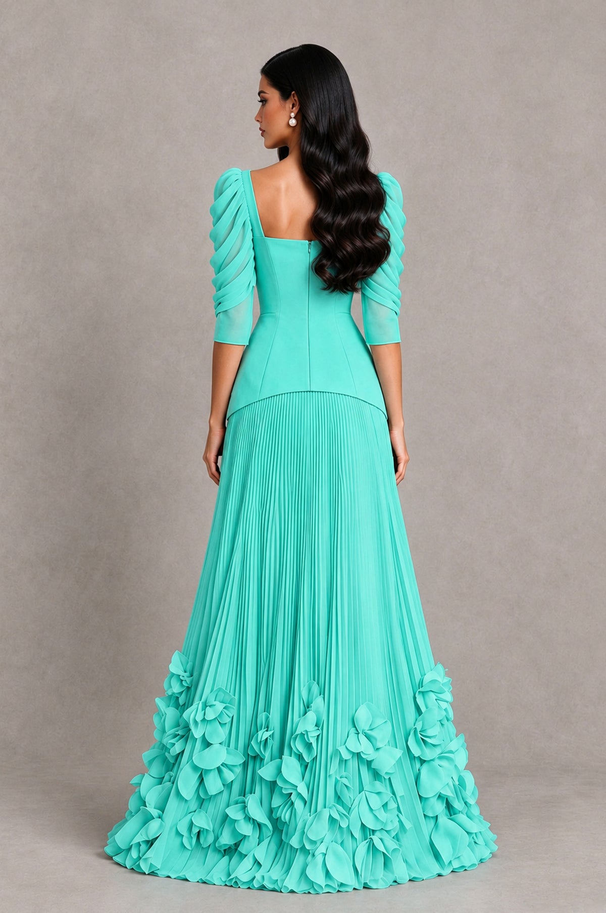 BOLODOO Turquoise Square Neck Pleated Floral Applique Evening Dress - Turquoise - Turquoise_2