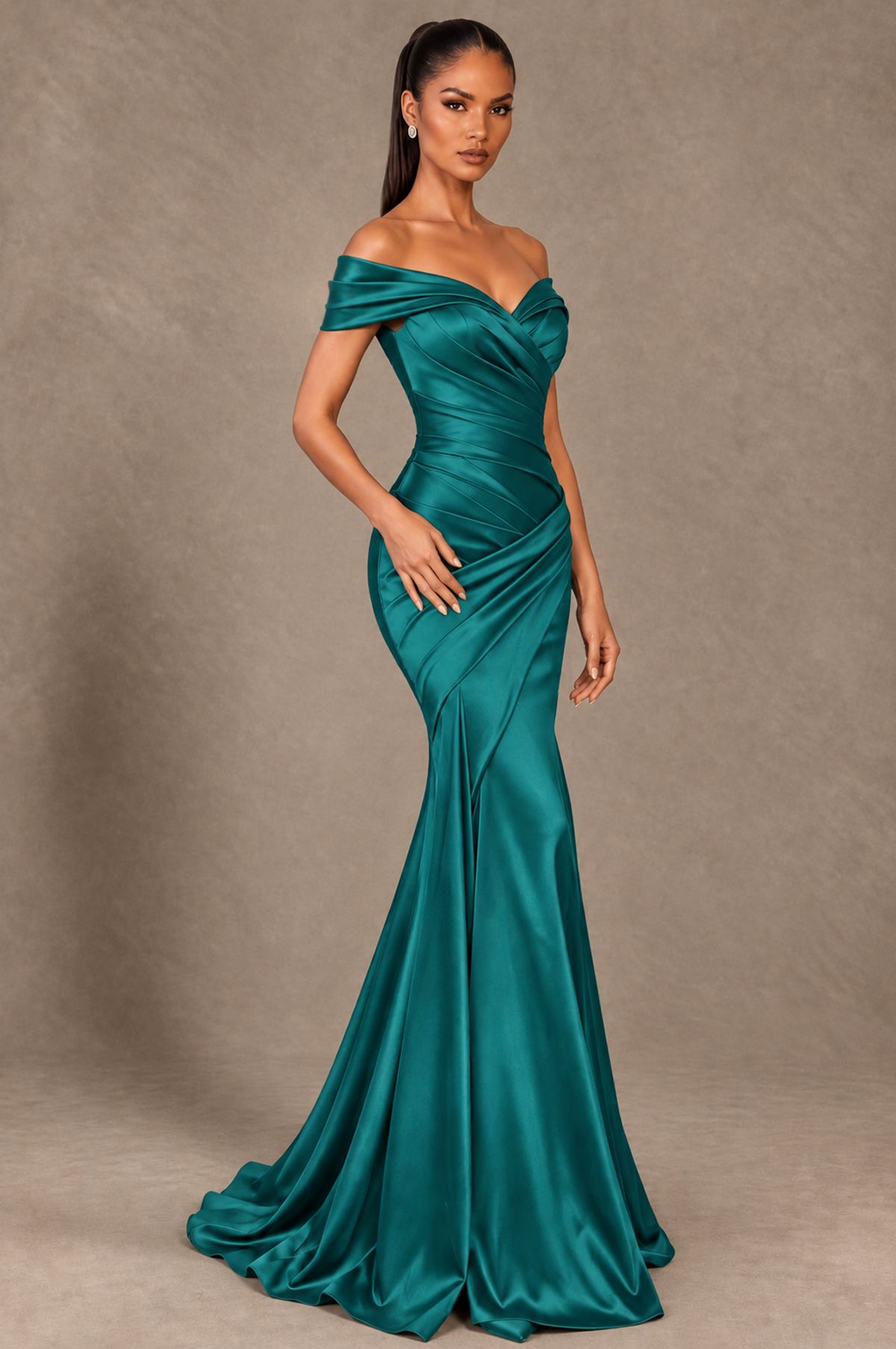 BOLODOO Turquoise Off-the-Shoulder Ruched Satin Mermaid Evening Dress - Turquoise - Turquoise_2