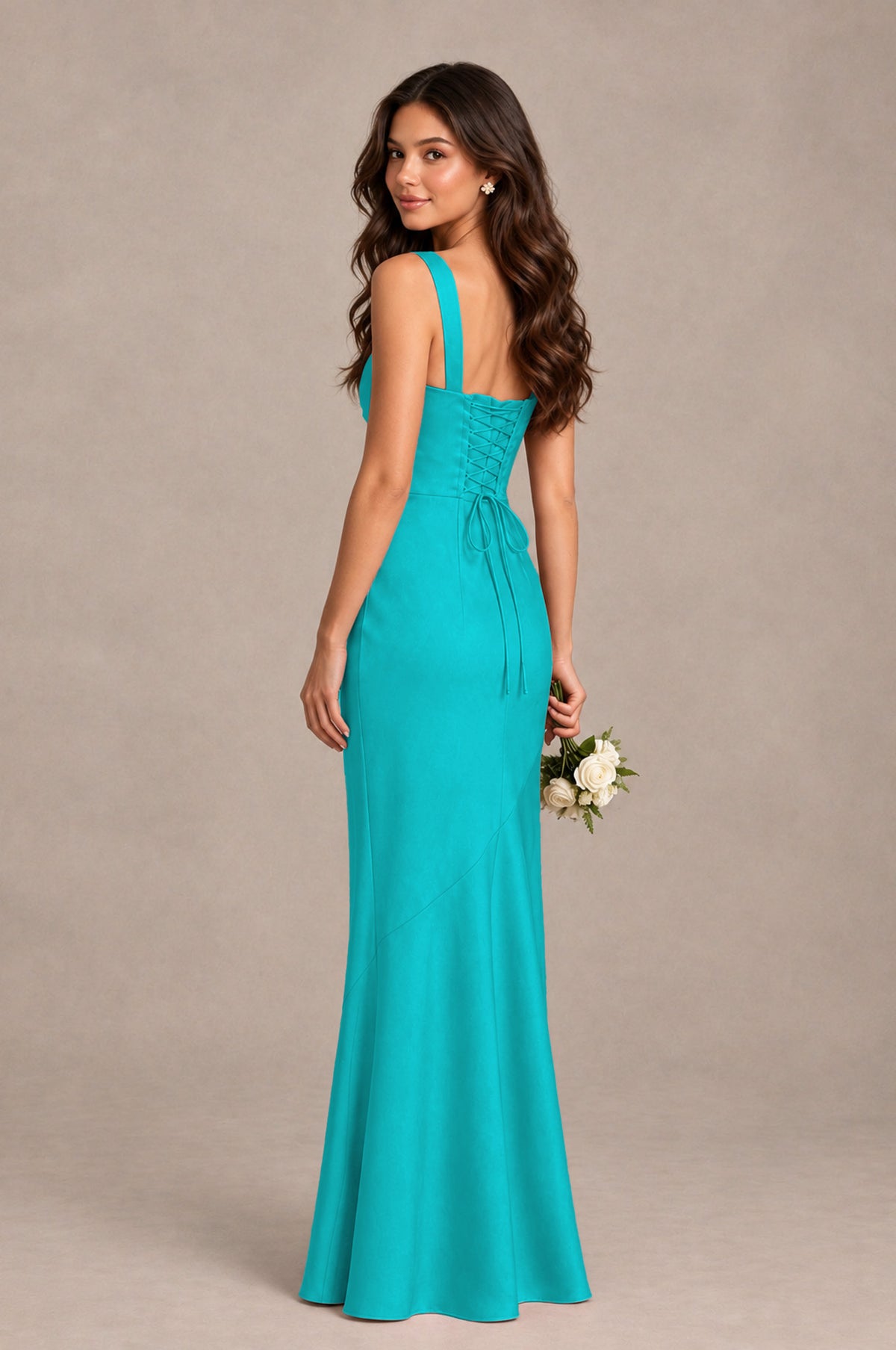 BOLODOO Turquoise Square Neck Ruched Satin Lace-Up Bridesmaid Dress - Turquoise - Turquoise_2