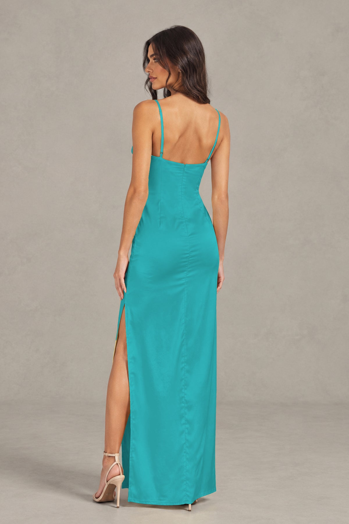 BOLODOO Turquoise Satin Cowl Neck Open Back Mermaid Maxi Dress with Side Slit - Turquoise