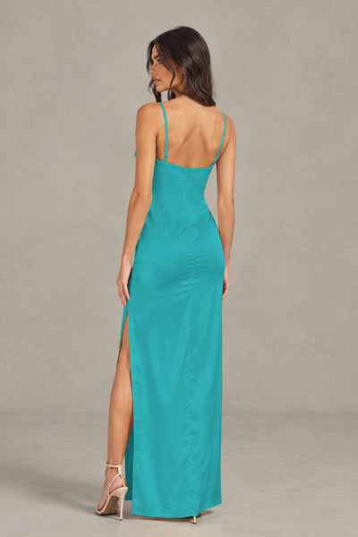 BOLODOO Turquoise Satin Cowl Neck Open Back Mermaid Maxi Dress with Side Slit - Turquoise