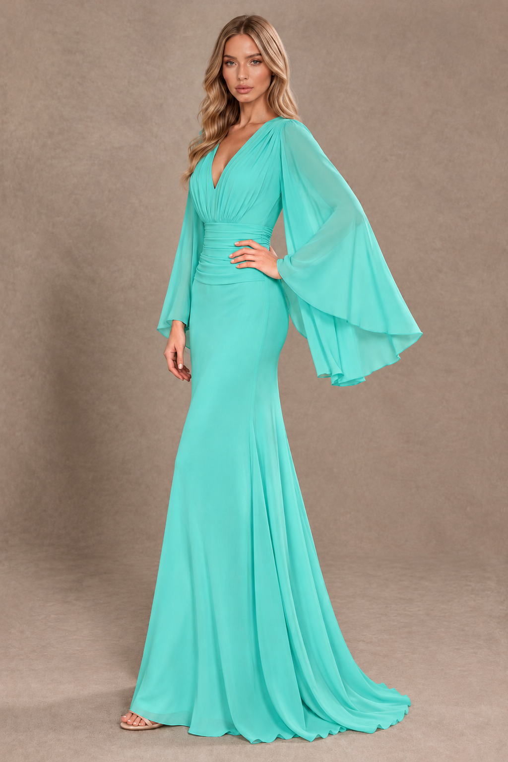 BOLODOO Turquoise Cape Sleeve V-Neck Ruched Chiffon Evening Dress - Turquoise - Turquoise_2