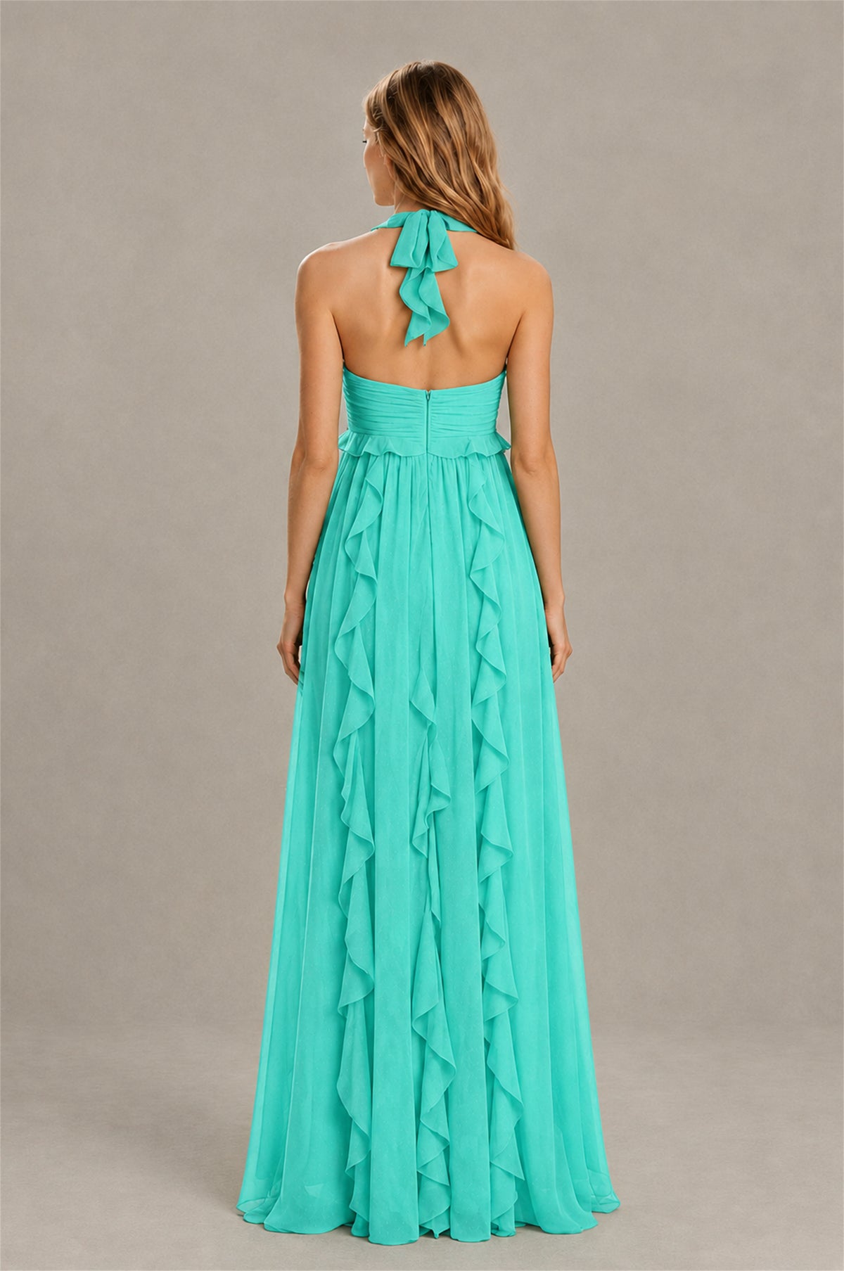 BOLODOO Turquoise Halter Ruffle A-Line Floor-Length Evening Dress - Turquoise - Turquoise_2