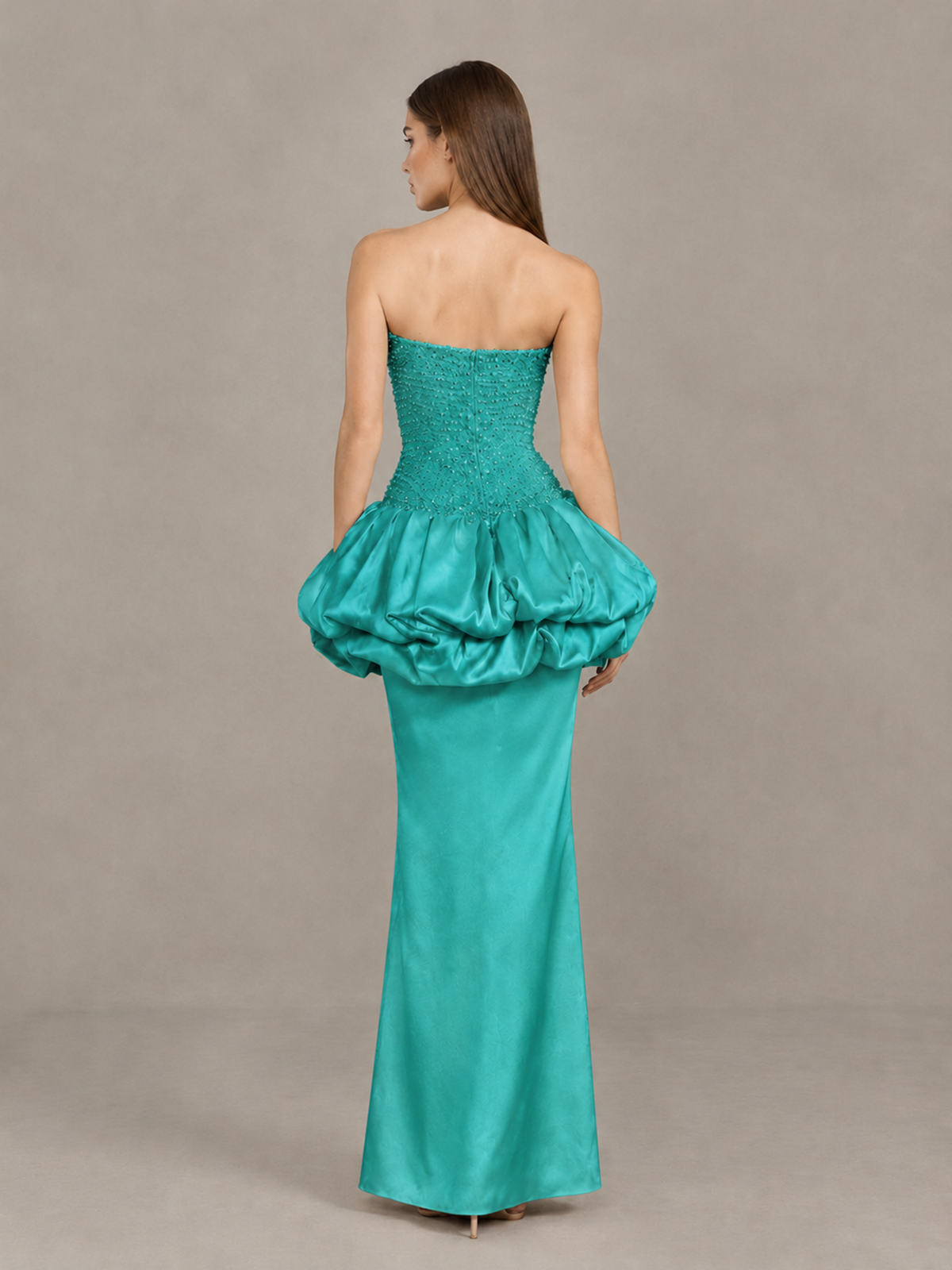 BOLODOO Turquoise Strapless Embellished Bubble Peplum Evening Dress - Turquoise - Turquoise_2