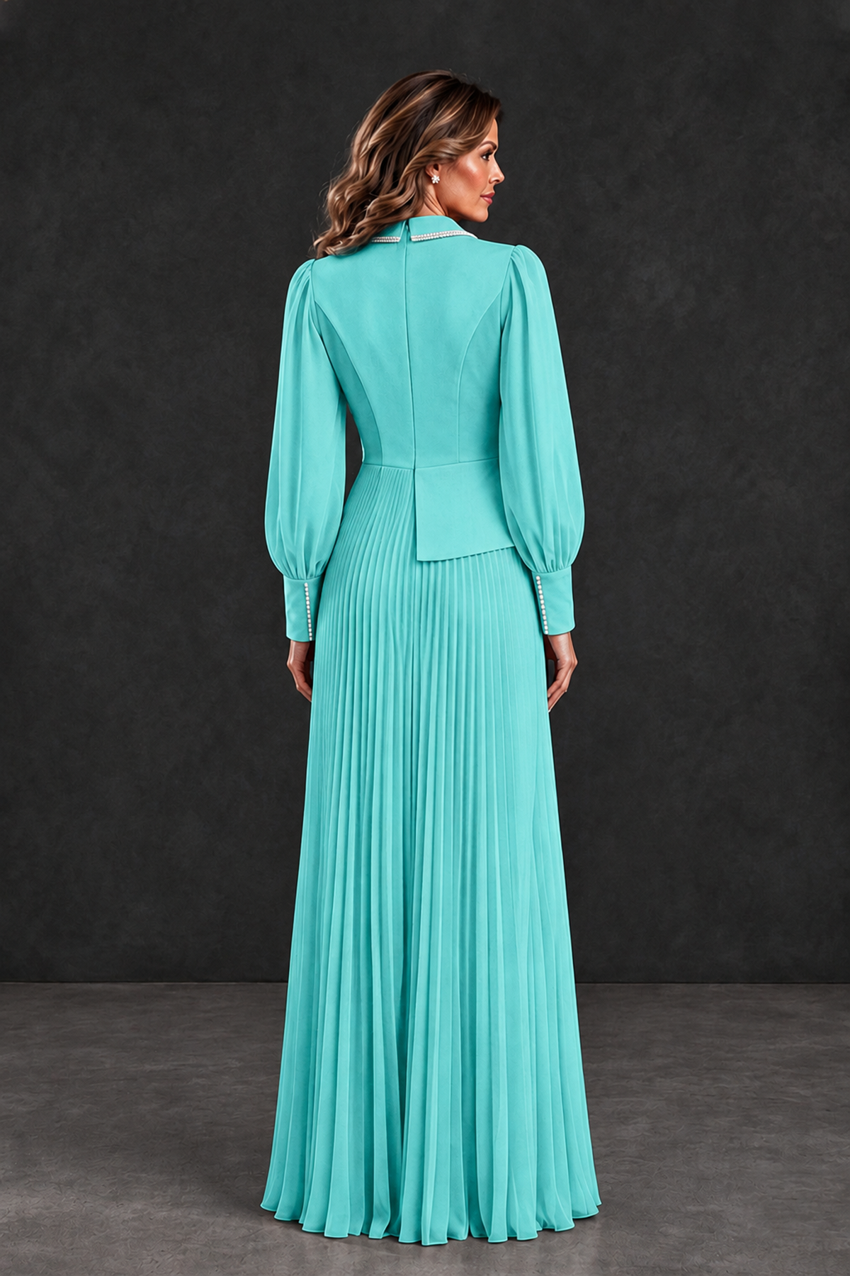 BOLODOO Turquoise Long Sleeve Pleated Mother of the Bride Dress - Turquoise - Turquoise_2