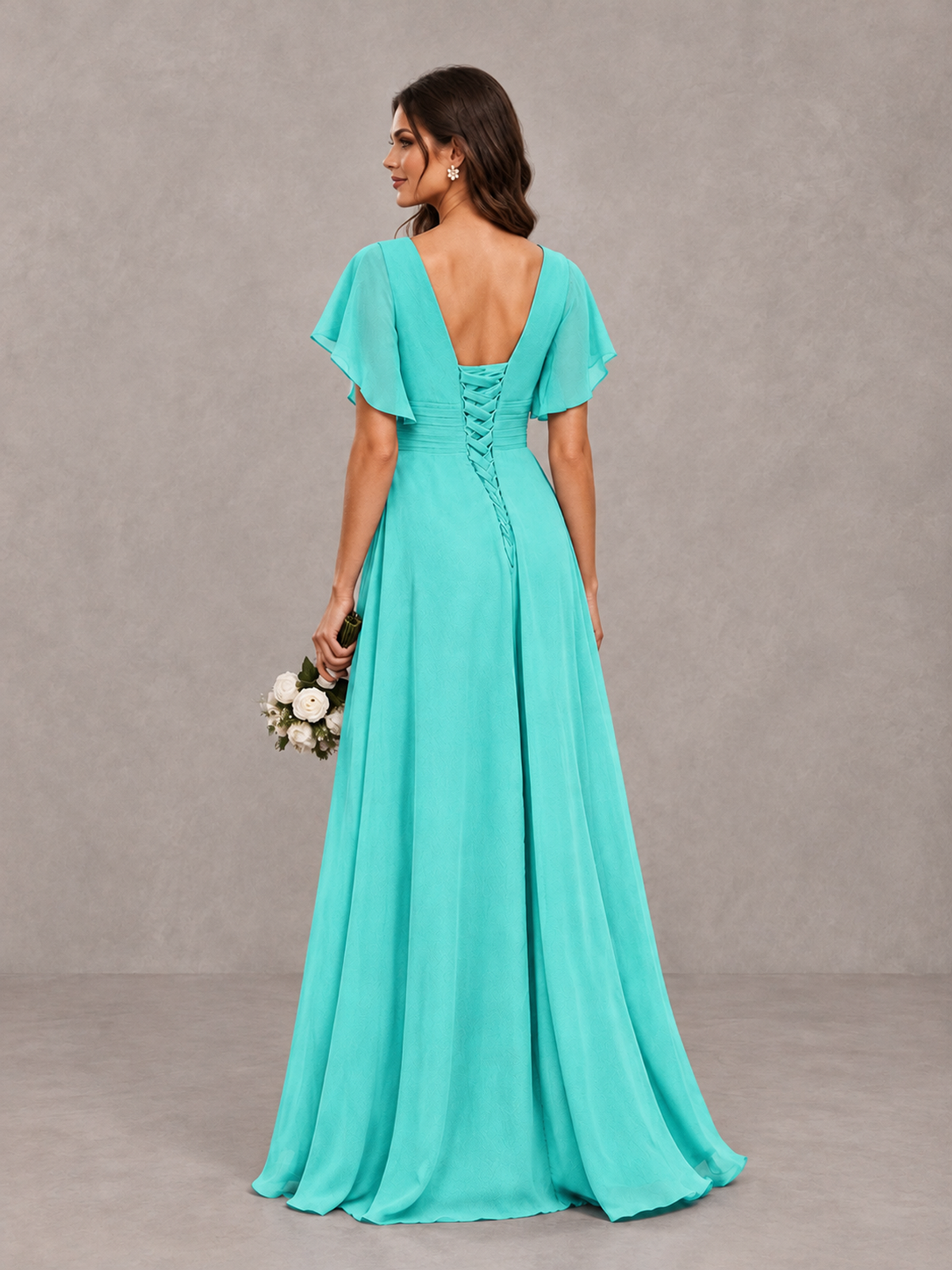 BOLODOO Turquoise Flutter Sleeve V-Neck Bridesmaid Dress with Ruffle Slit - Turquoise - Turquoise_2