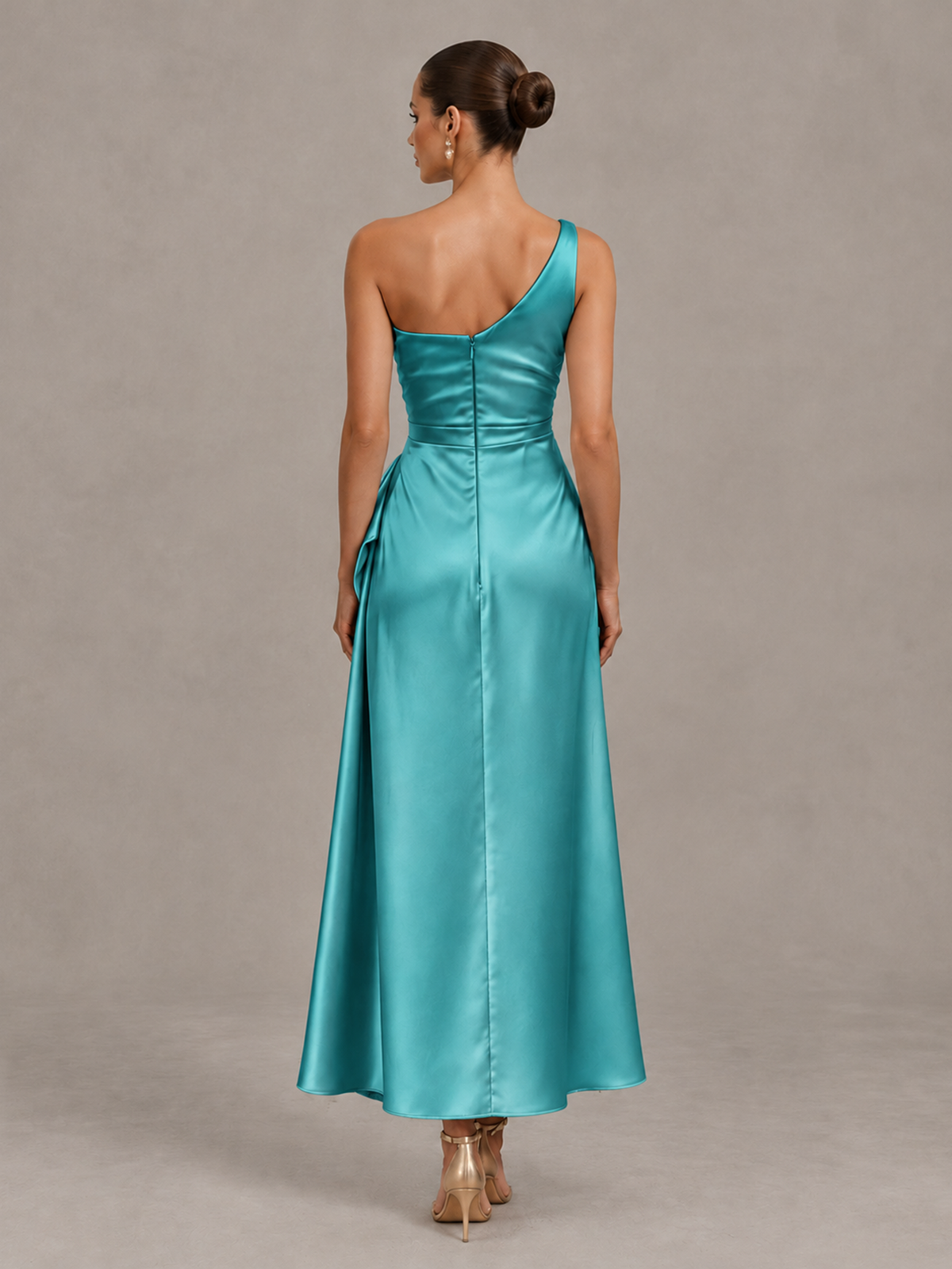 BOLODOO Turquoise One Shoulder Satin Cocktail Dress with Draped A-Line Skirt - Turquoise - Turquoise_2
