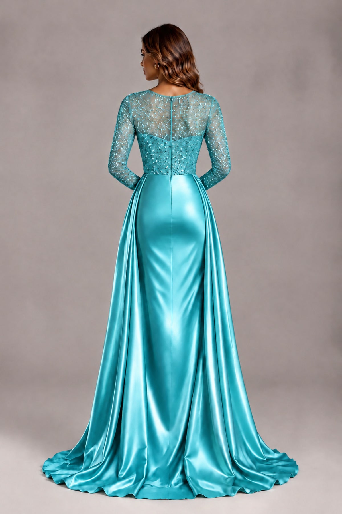 BOLODOO Turquoise Long Sleeve Embellished Satin Evening Gown with Sweep Train - Turquoise - Turquoise_2