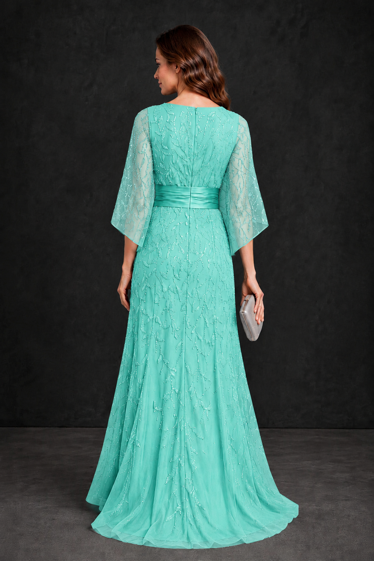 BOLODOO Turquoise Bateau Neck Bell Sleeve Sequin Embroidered Satin Waist A-Line Maxi Dress - Turquoise - Turquoise_2