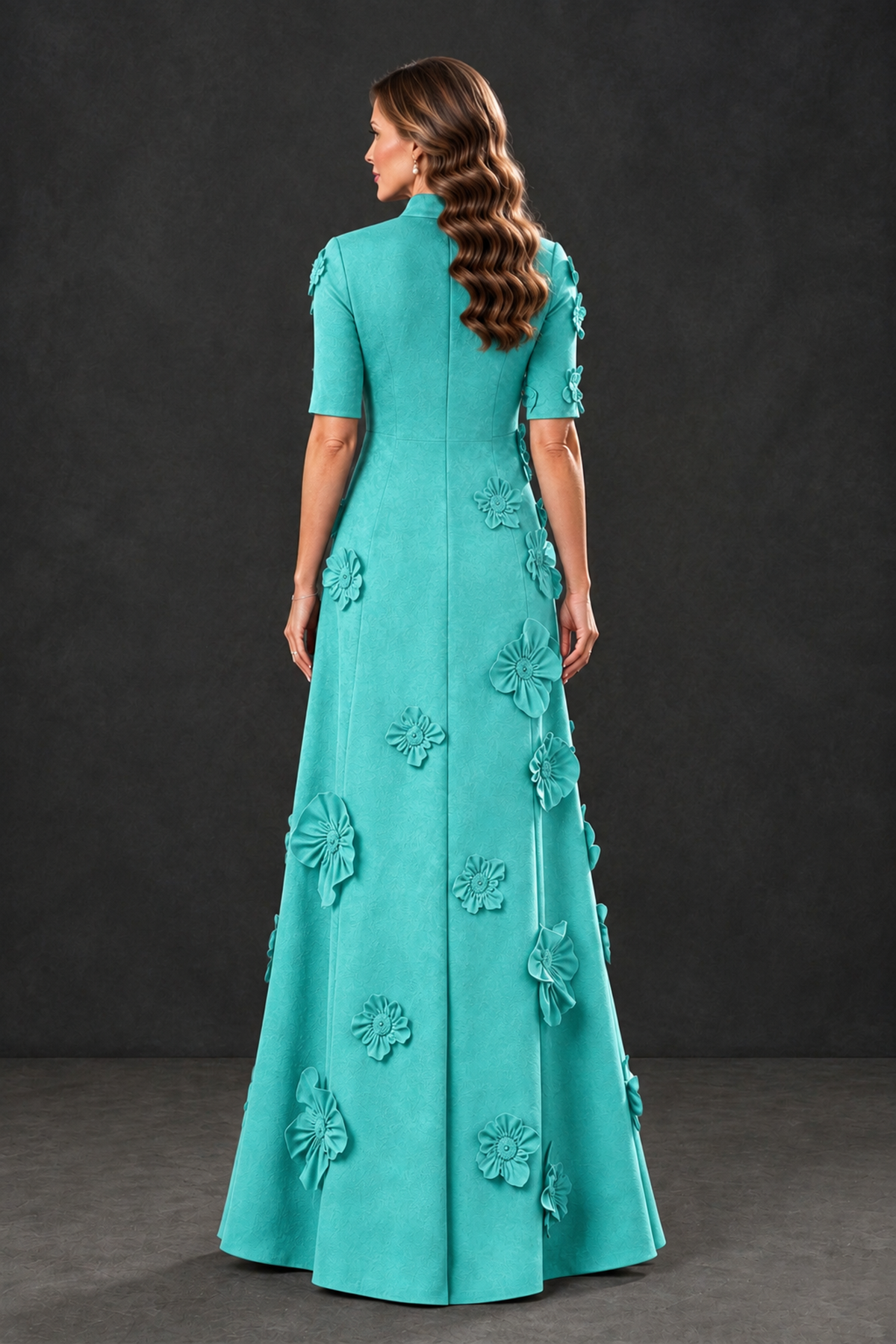 BOLODOO Turquoise Floral Applique High-Neck Half-Sleeve Gown - Turquoise - Turquoise_2