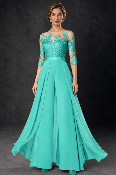 BOLODOO Turquoise Lace Wide-Leg Jumpsuit with Three-Quarter Sleeves - Turquoise - Turquoise_2