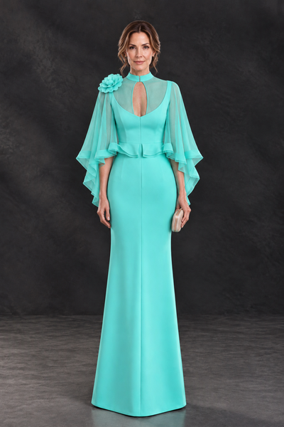 BOLODOO Turquoise Floral Cape Sleeve Mother of the Bride Dress - Turquoise - Turquoise_2