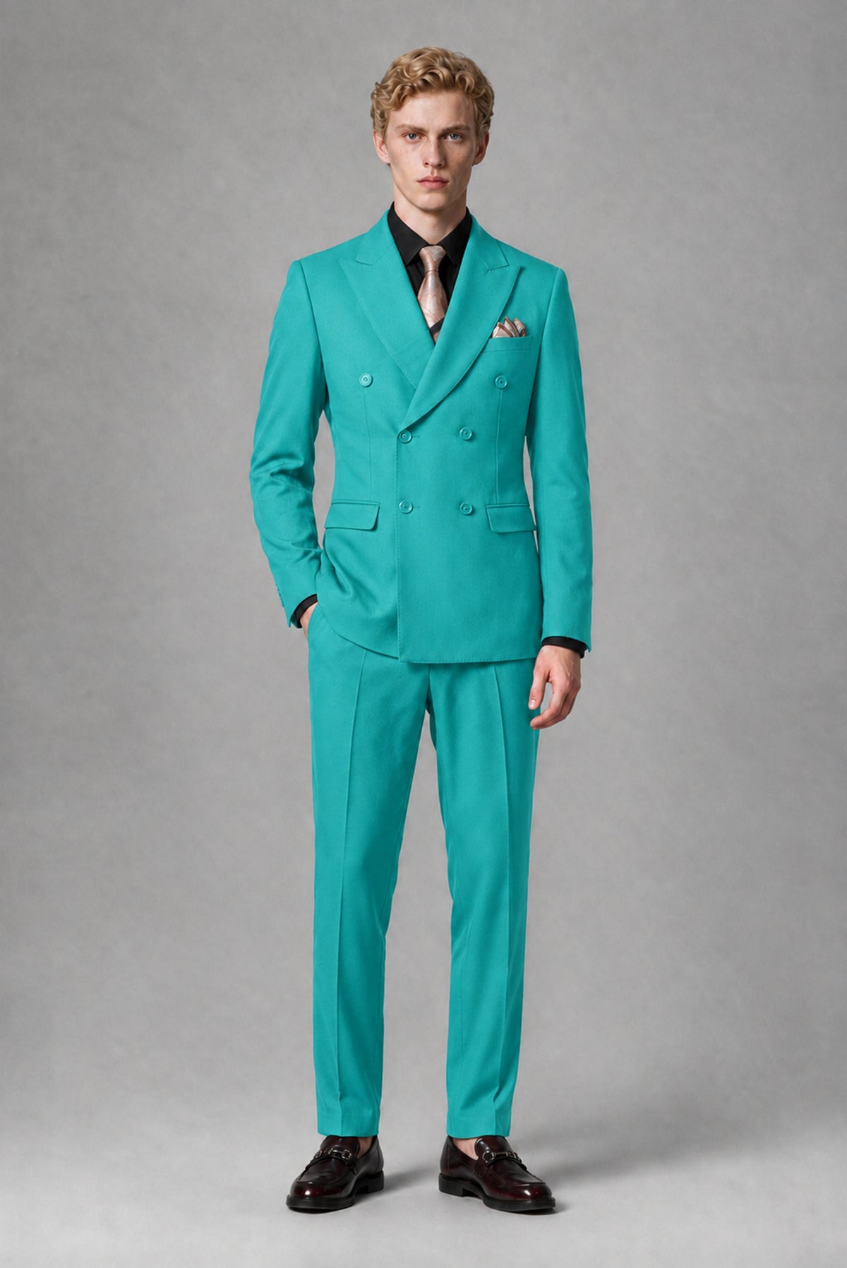 BOLODOO Men's Turquoise Double-Breasted Two-Piece Suit – Jacket & Trousers - Turquoise
