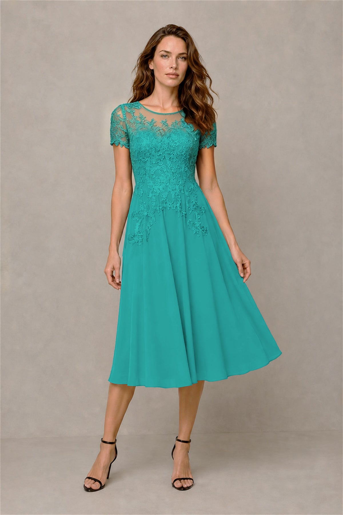 BOLODOO Steel Turquoise Beaded Lace Illusion Bodice Chiffon Tea-Length Dress | Mother of the Bride & Cocktail Party - Turquoise