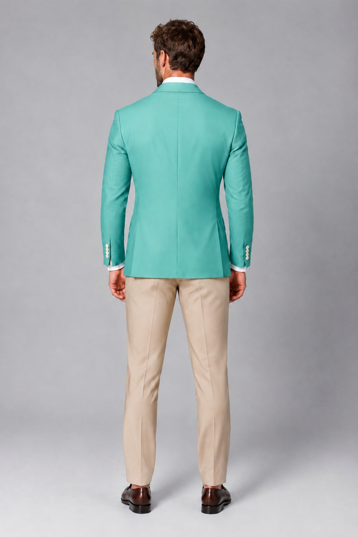 BOLODOO Men's Turquoise Double-Breasted Blazer & Khaki Trousers Tuxedo 2-Piece Suit Set - Turquoise - Turquoise_3