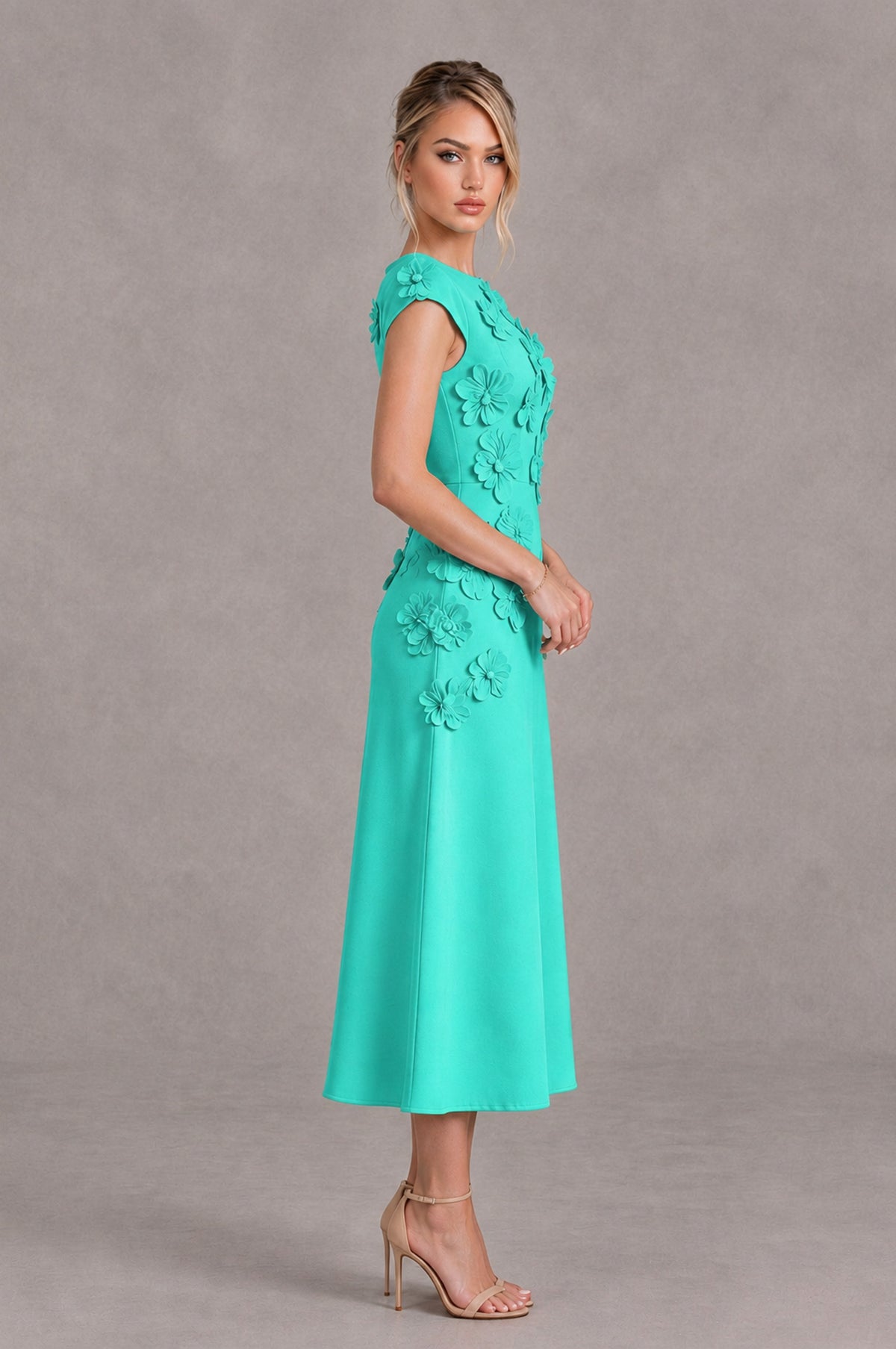 BOLODOO Turquoise 3D Floral Cap Sleeve Midi Cocktail Dress - Turquoise - Turquoise_3