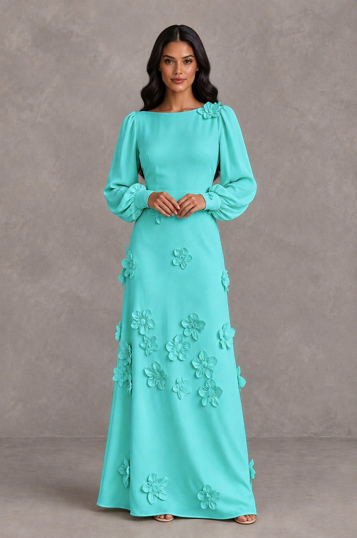 BOLODOO Turquoise Long Sleeve Floral Applique A-Line Evening Dress - Turquoise - Turquoise_3