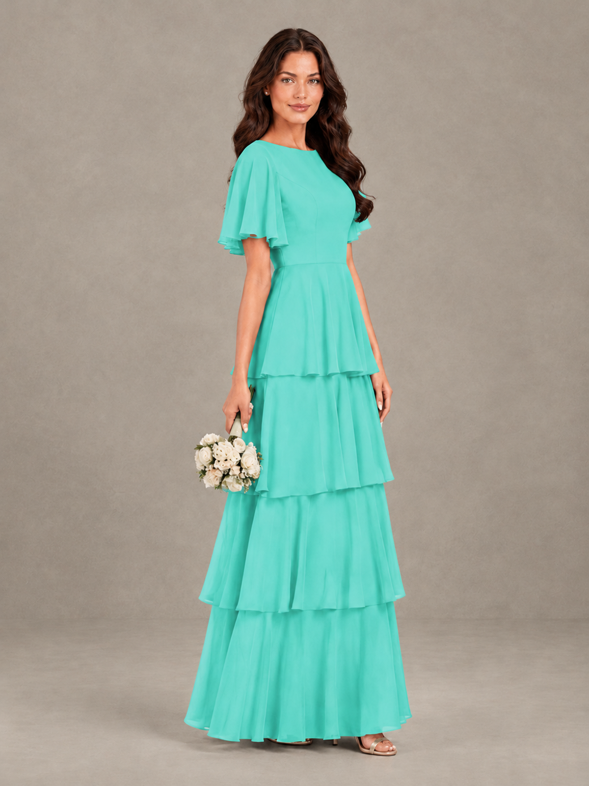 BOLODOO Turquoise Tiered Flutter Sleeve Bridesmaid Dress - Turquoise - Turquoise_3
