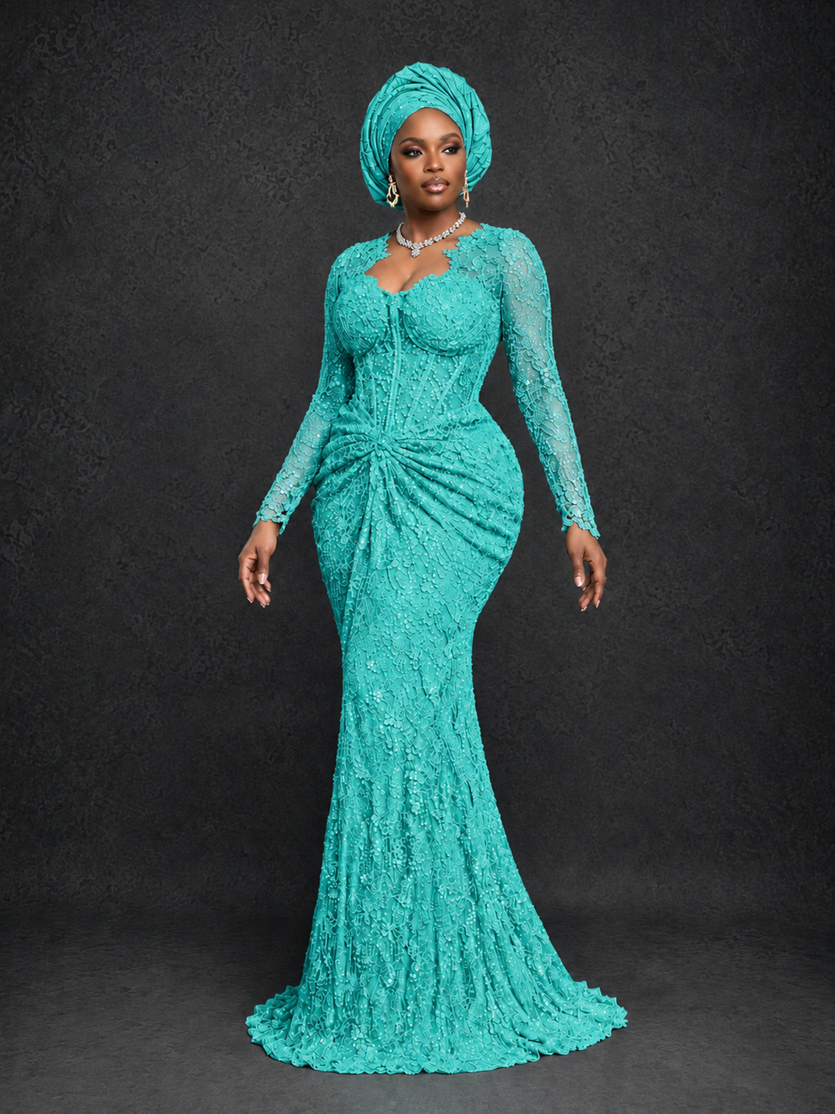 BOLODOO Turquoise Beaded Lace Long Sleeve Mermaid Gown Sweetheart | Mother of the Bride - Turquoise - Turquoise_3