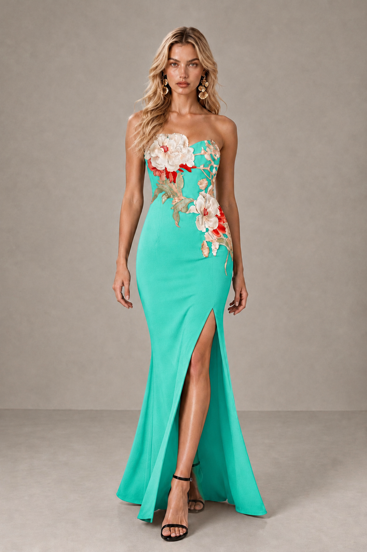 BOLODOO Turquoise Strapless Floral Mermaid Evening Dress with Slit - Turquoise - Turquoise_3