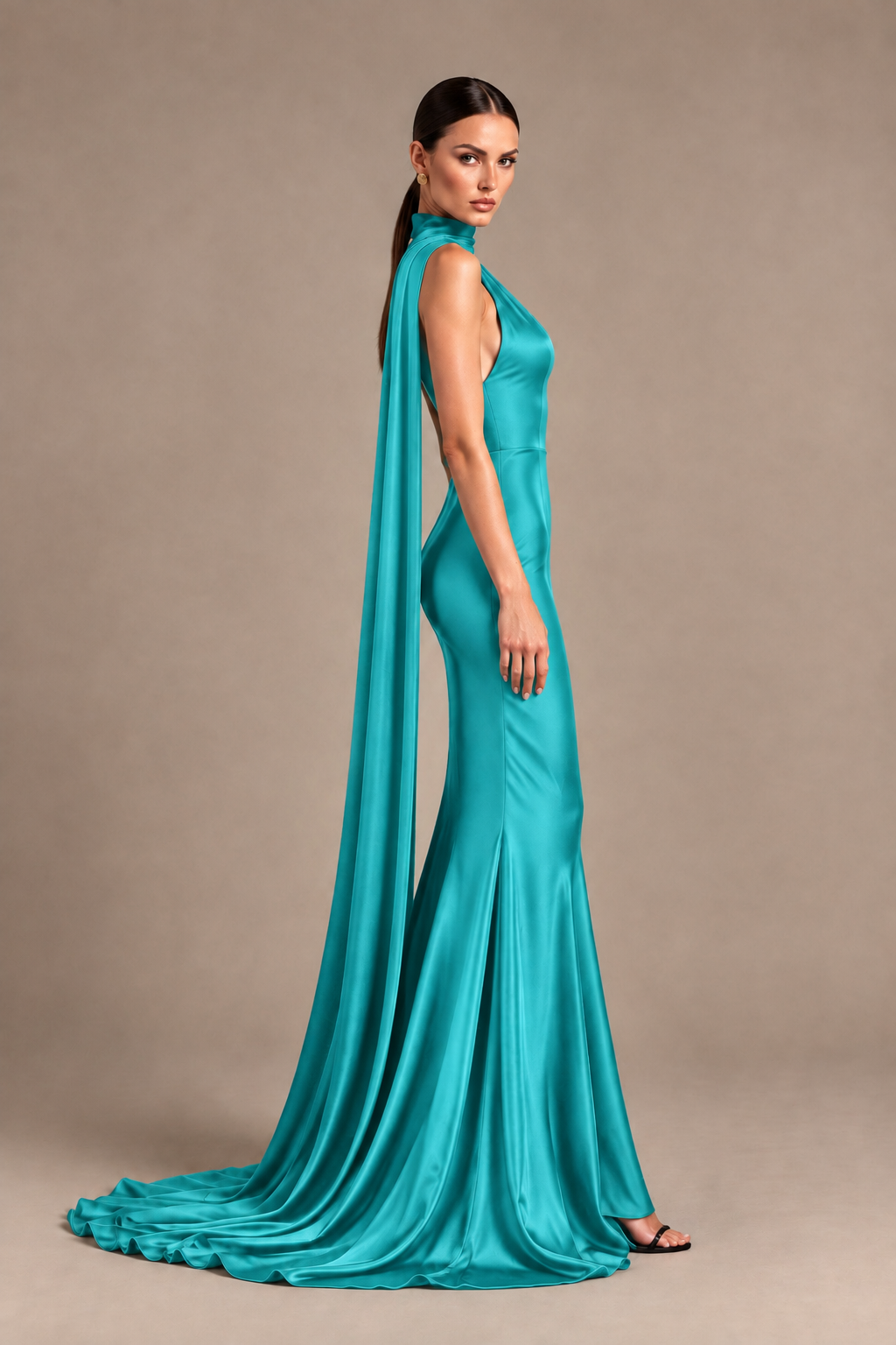 BOLODOO Turquoise One-Shoulder Satin Mermaid Evening Dress with Scarf - Turquoise - Turquoise_3
