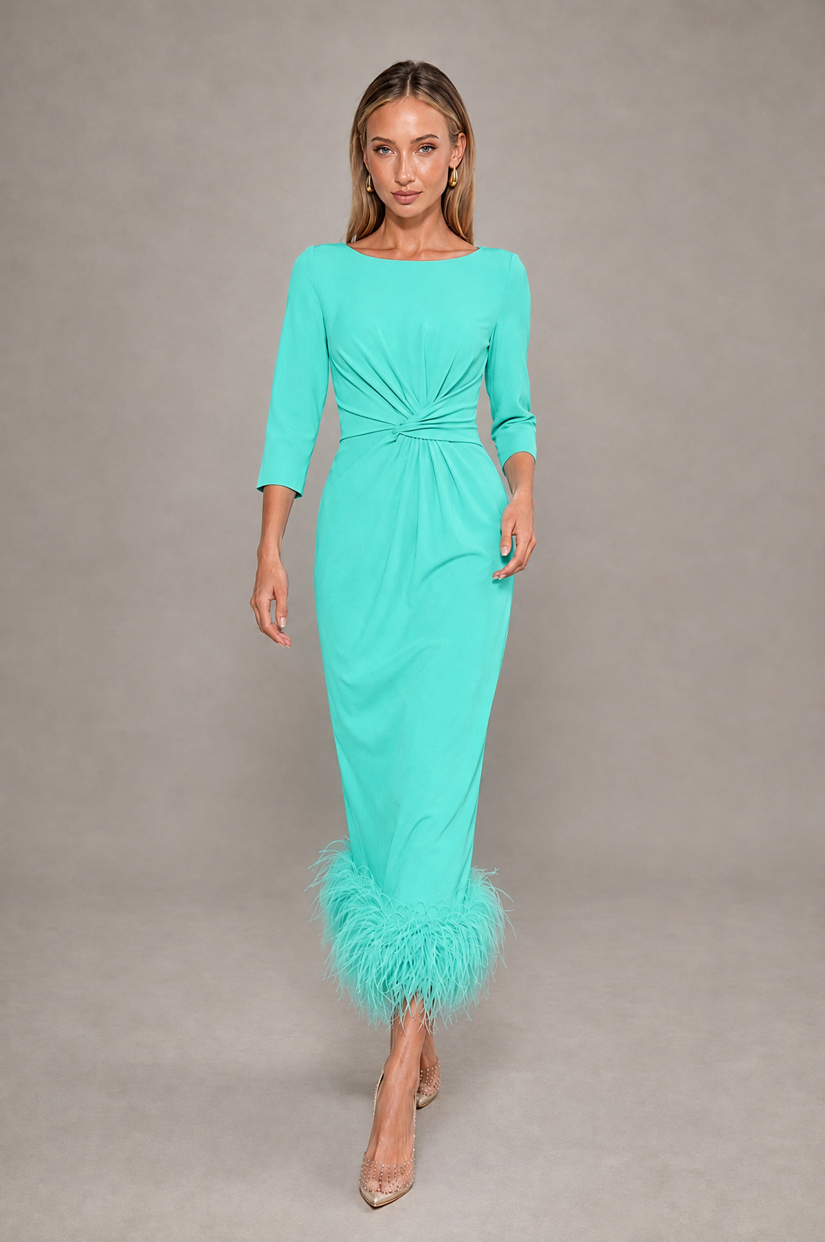 BOLODOO Turquoise Feather-Trim Twist-Waist Midi Dress - Turquoise - Turquoise_3