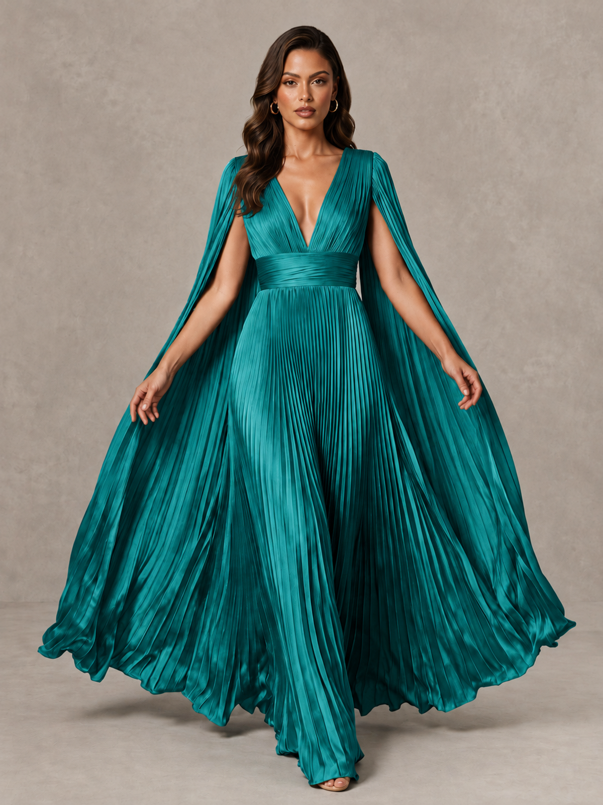 BOLODOO Turquoise Deep V-Neck Pleated Cape Sleeve Evening Gown - Turquoise - Turquoise_3