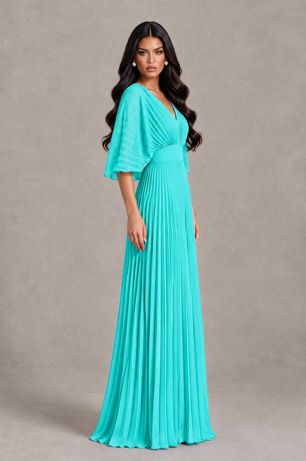 BOLODOO Turquoise V-Neck Pleated Flutter Sleeve Formal Dress - Turquoise - Turquoise_3