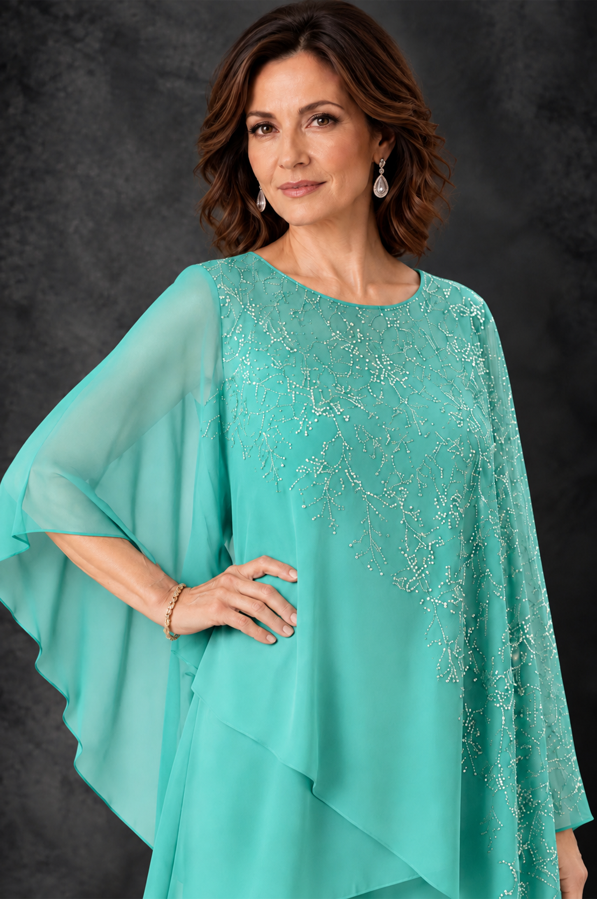 BOLODOO Turquoise Embellished Cape Pant Suit for Mother of the Bride - Turquoise - Turquoise_3