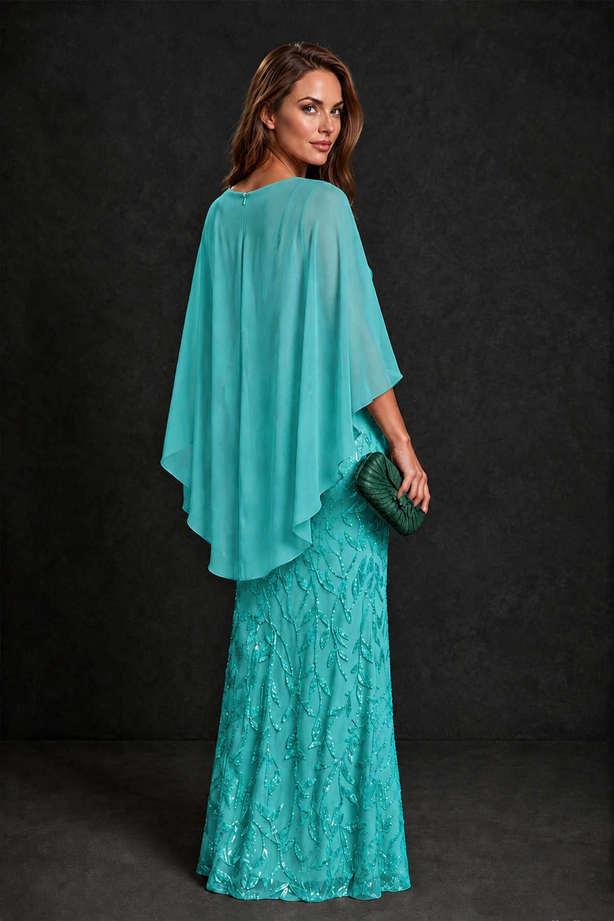 BOLODOO Turquoise Round Neck Chiffon Cape Overlay Sequin Lace Mermaid Maxi Dress - Turquoise - Turquoise_3