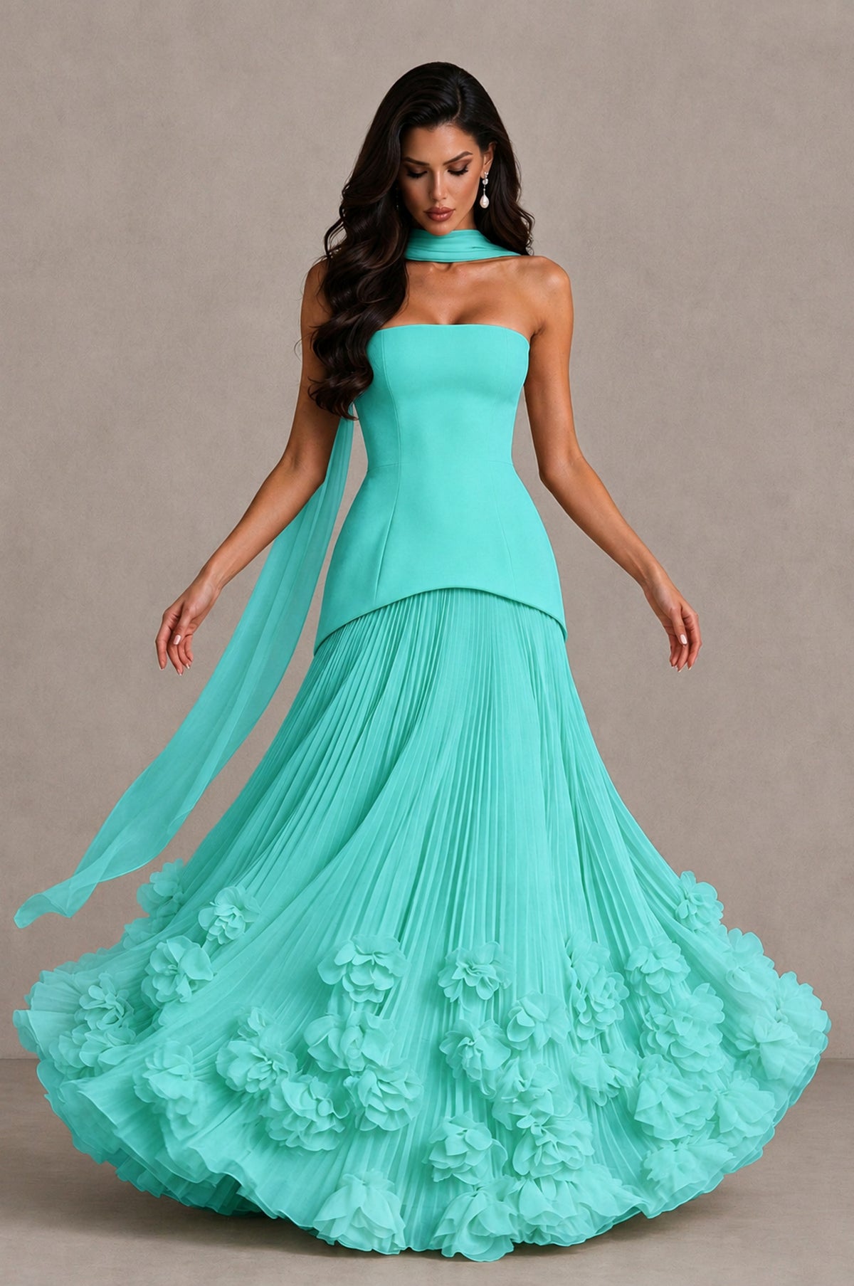 BOLODOO Turquoise Strapless Pleated Floral Hem Evening Gown - Turquoise - Turquoise_3