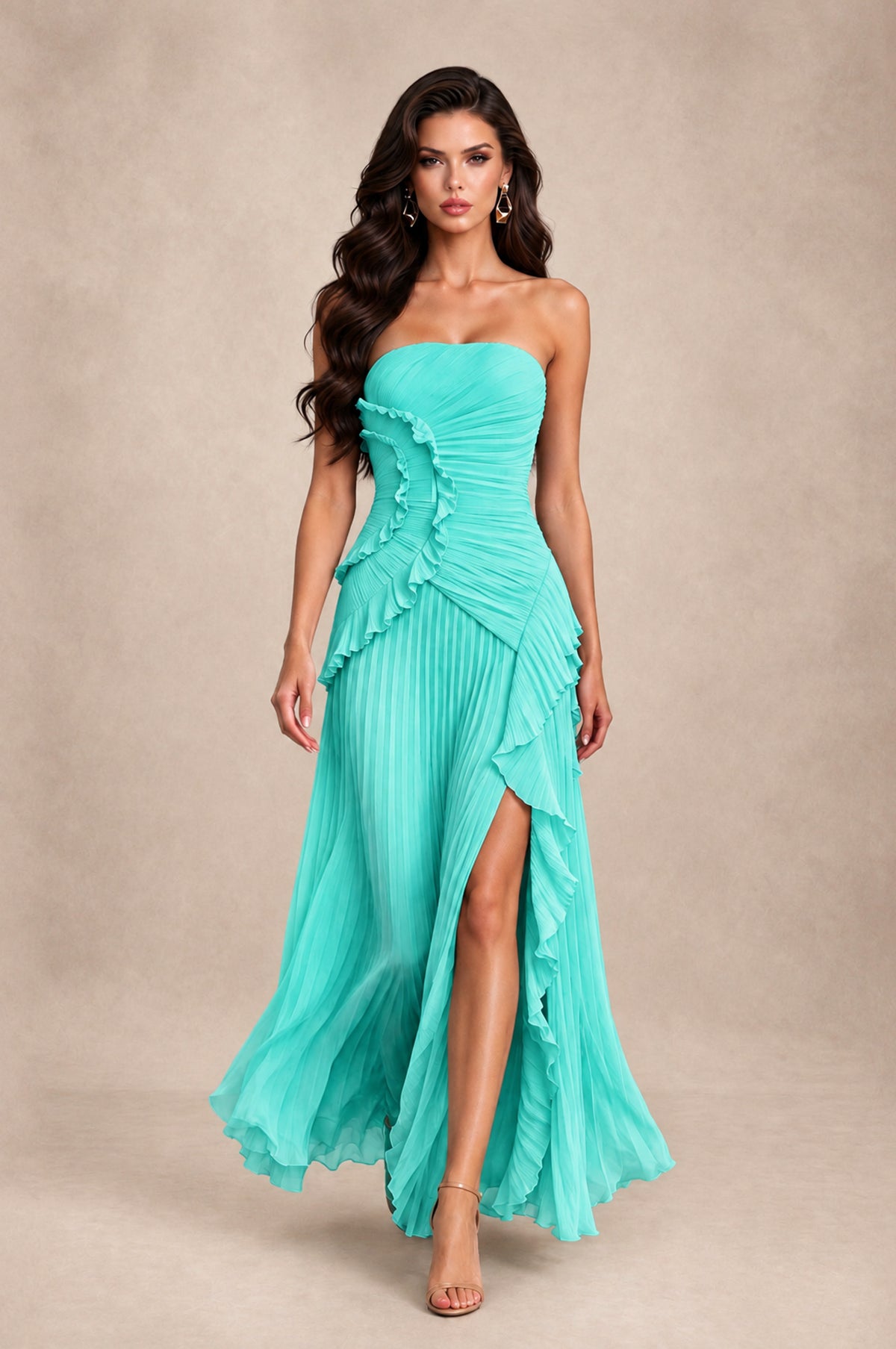 BOLODOO Turquoise Strapless Ruffle Pleated Slit Evening Gown - Turquoise - Turquoise_3