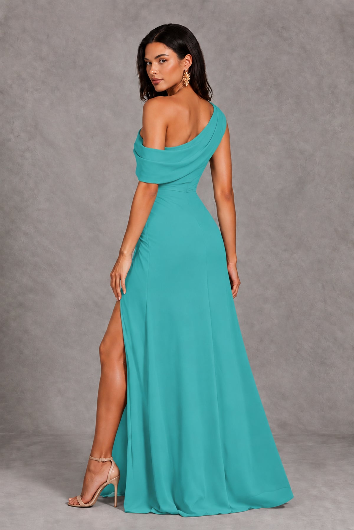 Turquoise One-Shoulder Floor-Length Evening Gown with High Slit - Turquoise