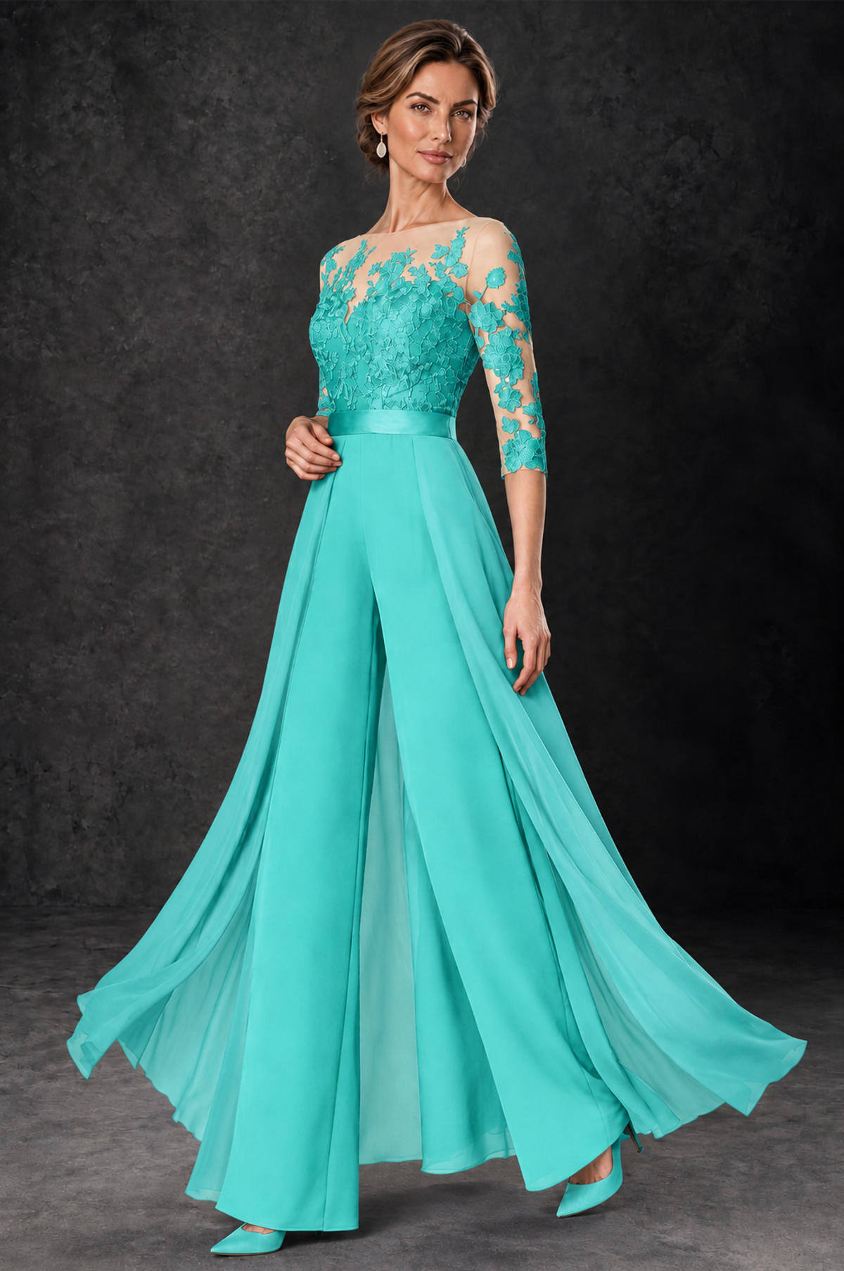 BOLODOO Turquoise Lace Wide-Leg Jumpsuit with Three-Quarter Sleeves - Turquoise - Turquoise_3